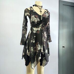 Dolls Kill Widow Layered Mesh Dark Floral F Is For Fairy Handkerchief Dress M